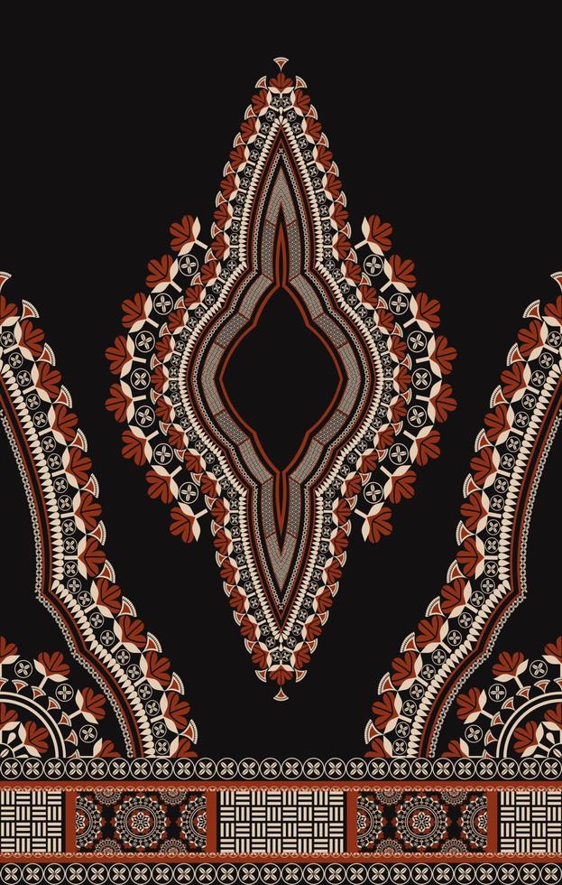 vestido dashiki étnico de África Occidental estampado de flores sobre fondo de color negro. moda de camisetas de arte tribal. adornos bordados en el cuello. vector