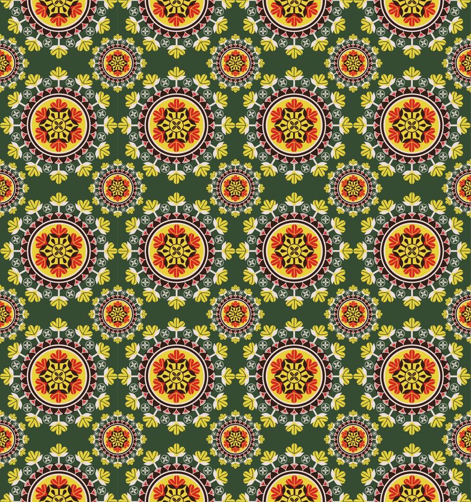 African ethnic circle flower shape seamless pattern colorful green background. Use for fabric, textile, interior decoration elements, upholstery, wrapping. vector
