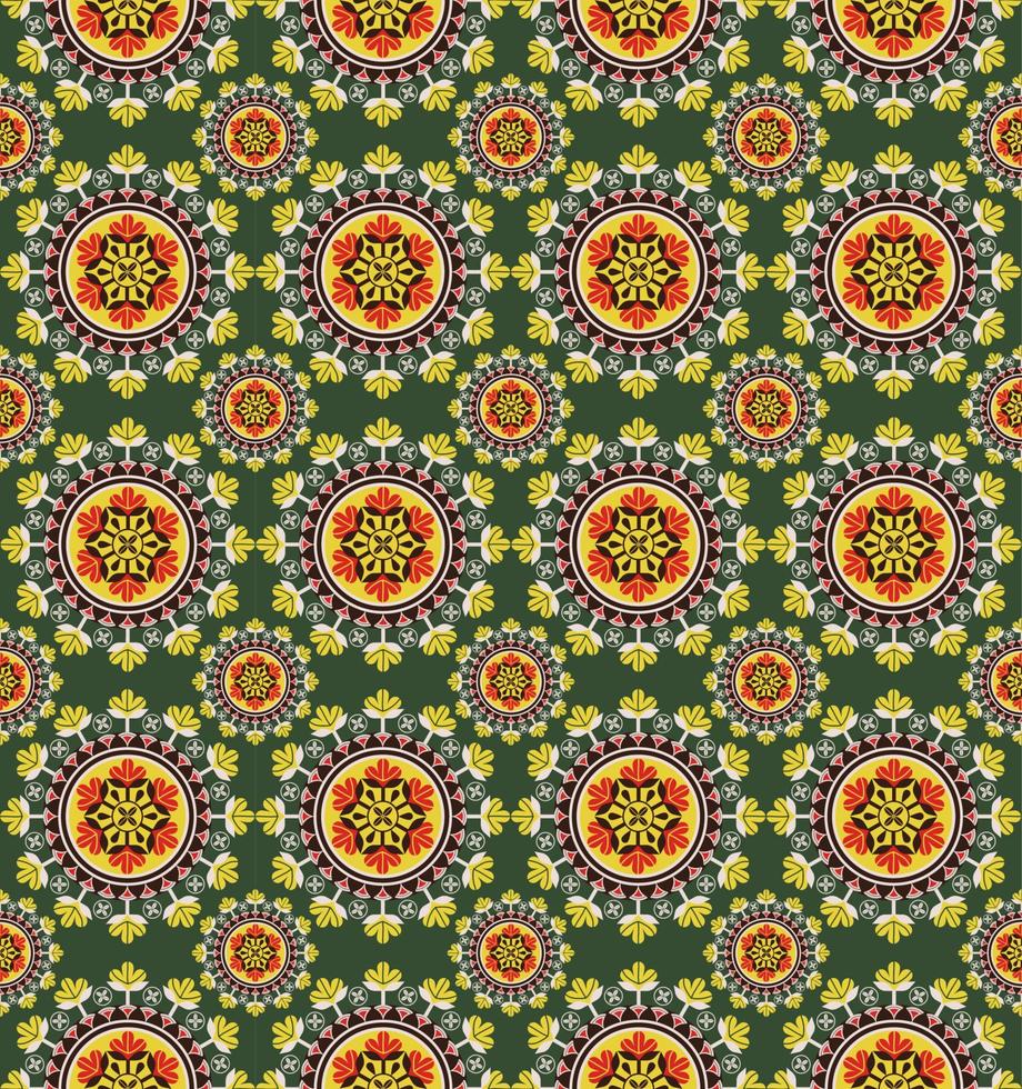 African ethnic circle flower shape seamless pattern colorful green background. Use for fabric, textile, interior decoration elements, upholstery, wrapping. vector