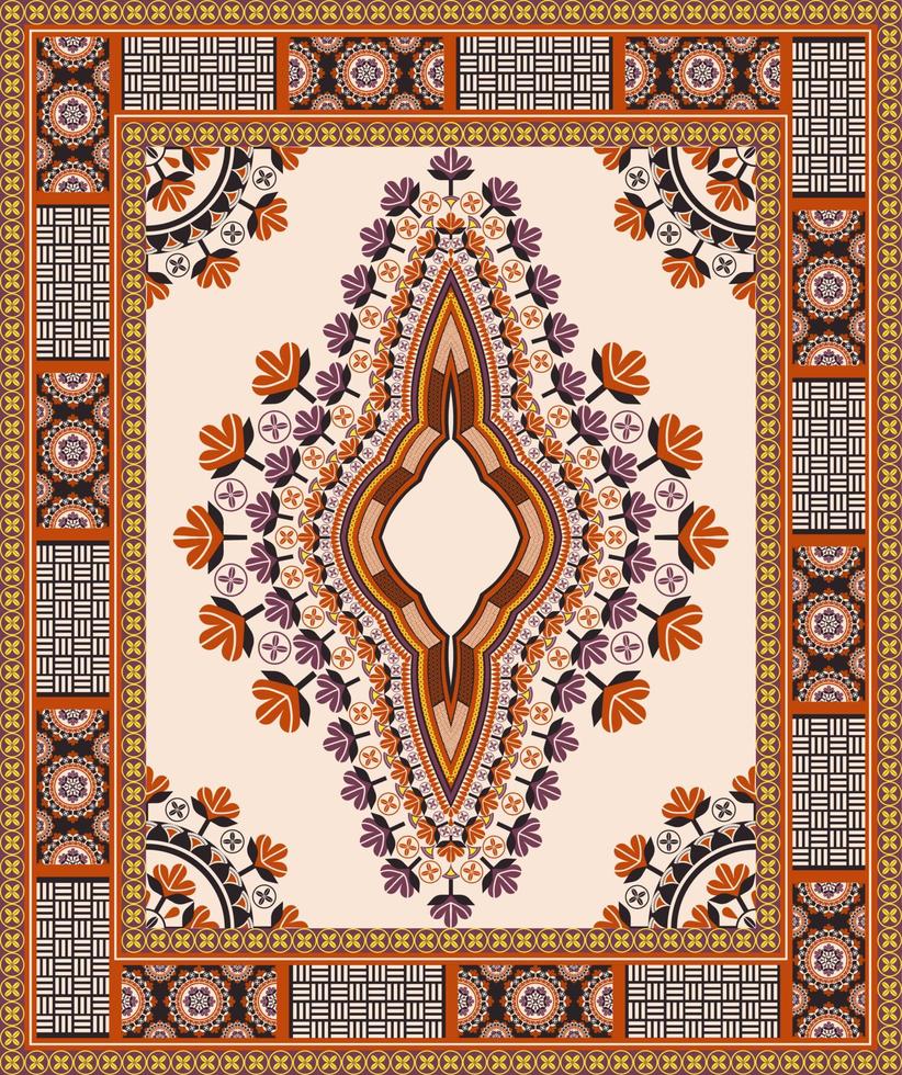 Ethnic west African dashiki traditional colorful cream-orange pattern background. Tribal art shirts fashion. Neck embroidery ornaments. vector