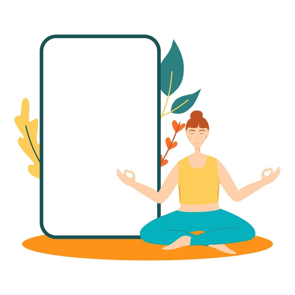 mujer en pose de yoga con imágenes prediseñadas de marco de teléfono inteligente vector