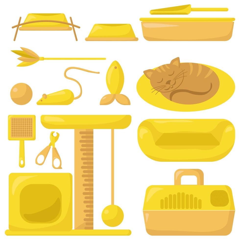 Goods for cats and a sleeping kitten, accessories for the care, life and play of a pet vector