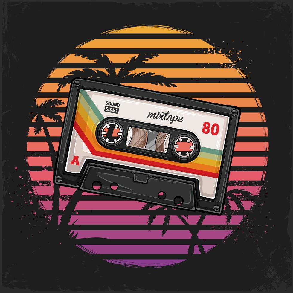 casete de música vintage dibujado a mano contra puestas de sol retro con palmeras, cintas de audio, música y discos vector