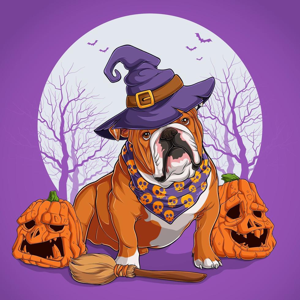 bulldog inglés disfrazado de halloween sentado en una escoba y usando sombrero de bruja con calabazas vector