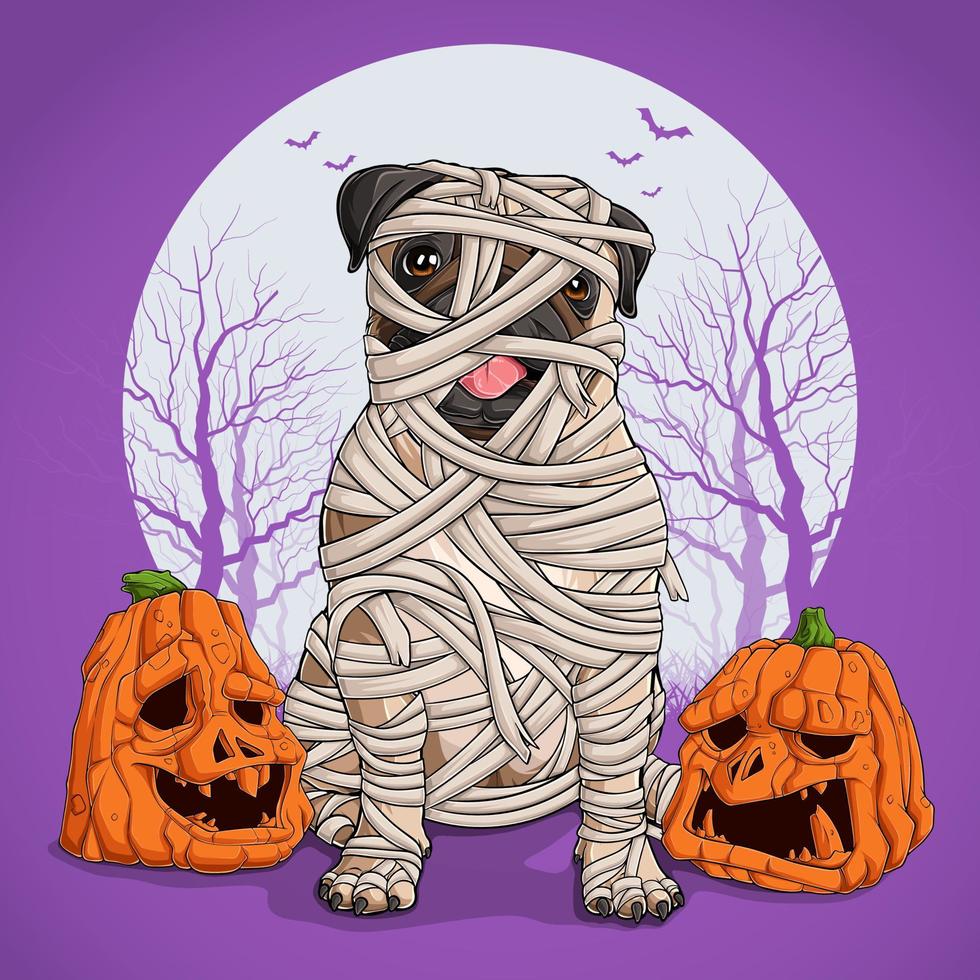 perro pug disfrazado de halloween sentado y completamente envuelto en lino de momia con calabazas a los lados vector