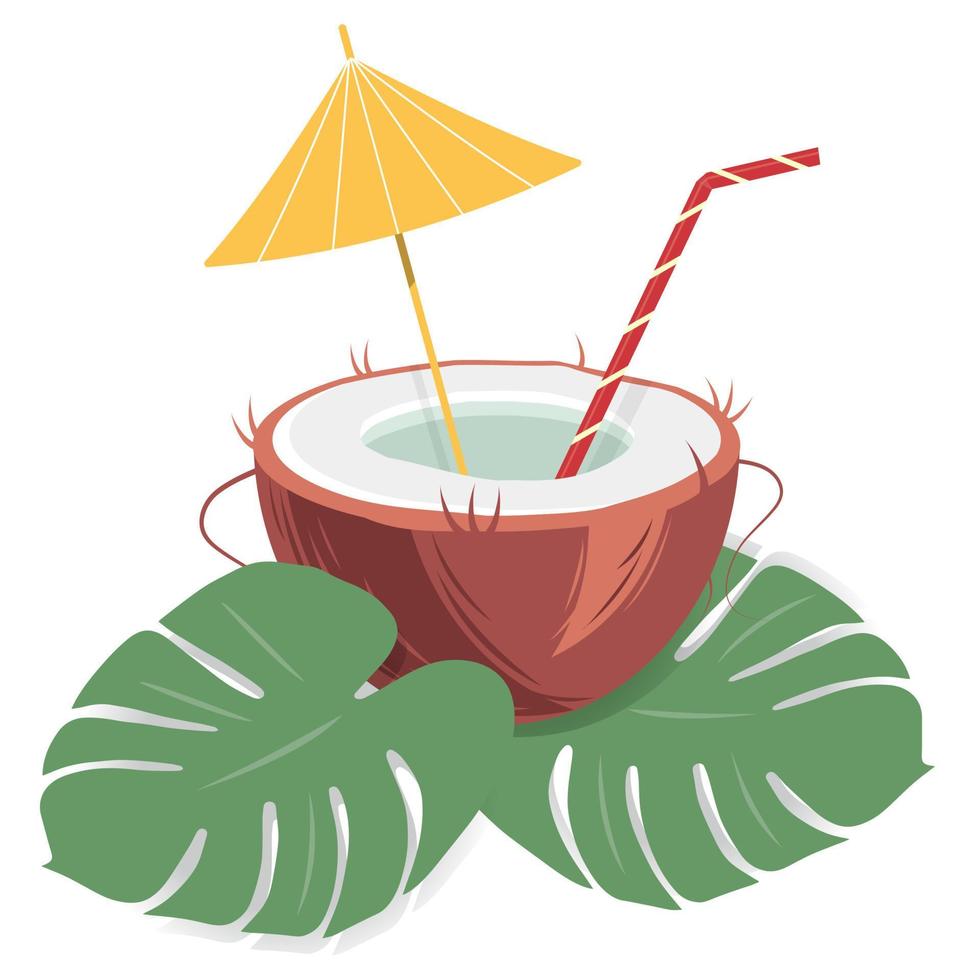 Cocktail in a coconut shell with an umbrella and straw in trendy hues with exotic monstera leaves vector