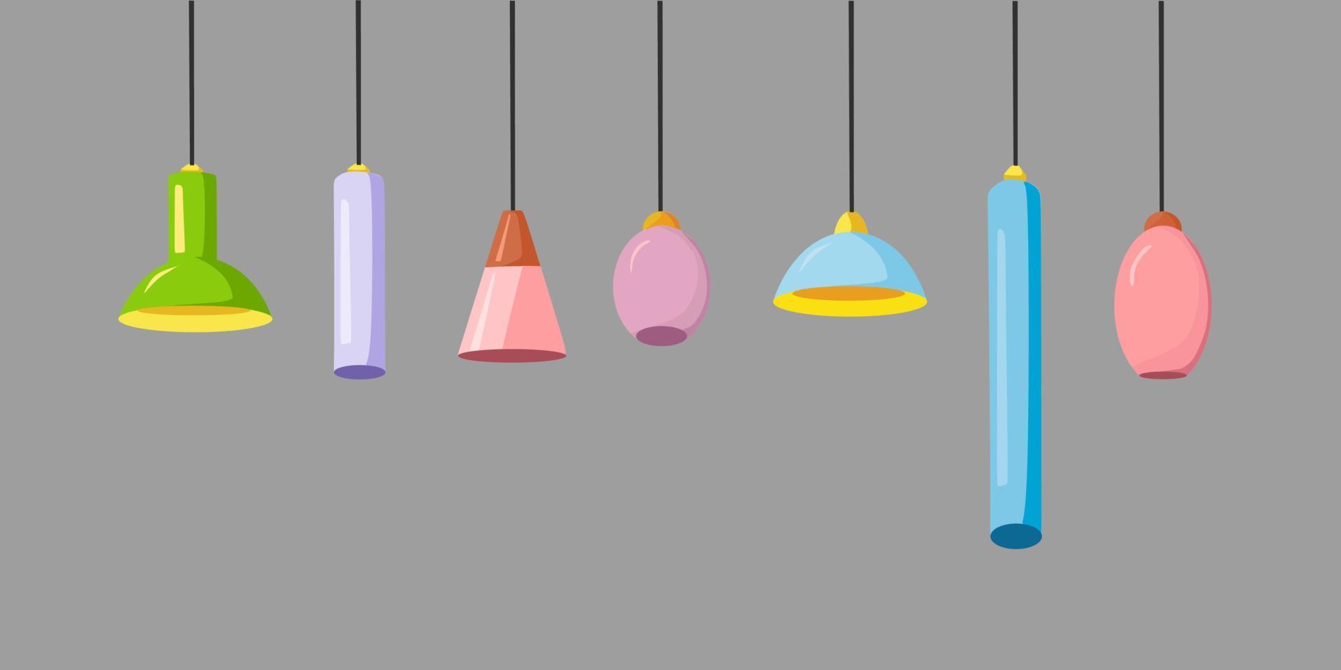 un conjunto de lámparas colgantes de diferentes formas y colores sobre un fondo gris. ilustración vectorial vector