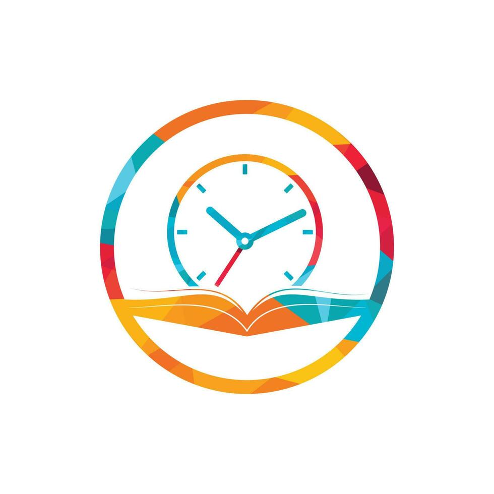 diseño del logotipo del vector de tiempo de estudio. libro con diseño de icono de reloj.