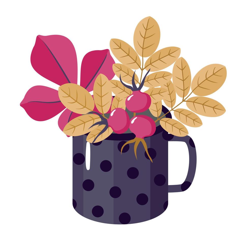 una taza con un ramo de hojas de otoño y rosa mosqueta. vector