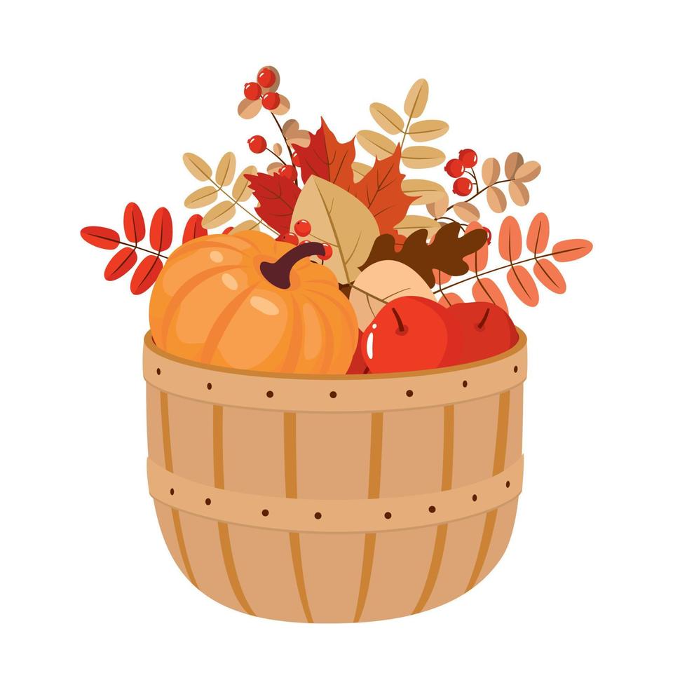 calabaza, ramo de hojas de otoño, manzanas rojas en una cesta de mimbre. vector