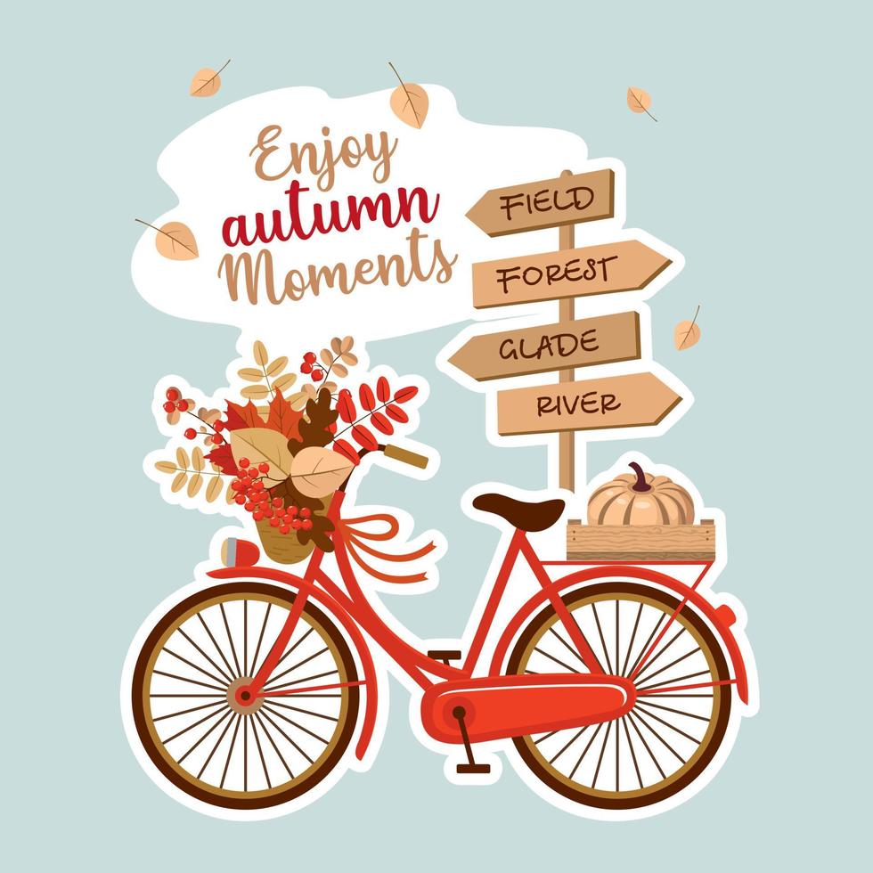 tarjeta de felicitación de otoño con una bicicleta roja, una señal de tráfico, un ramo de hojas. vector