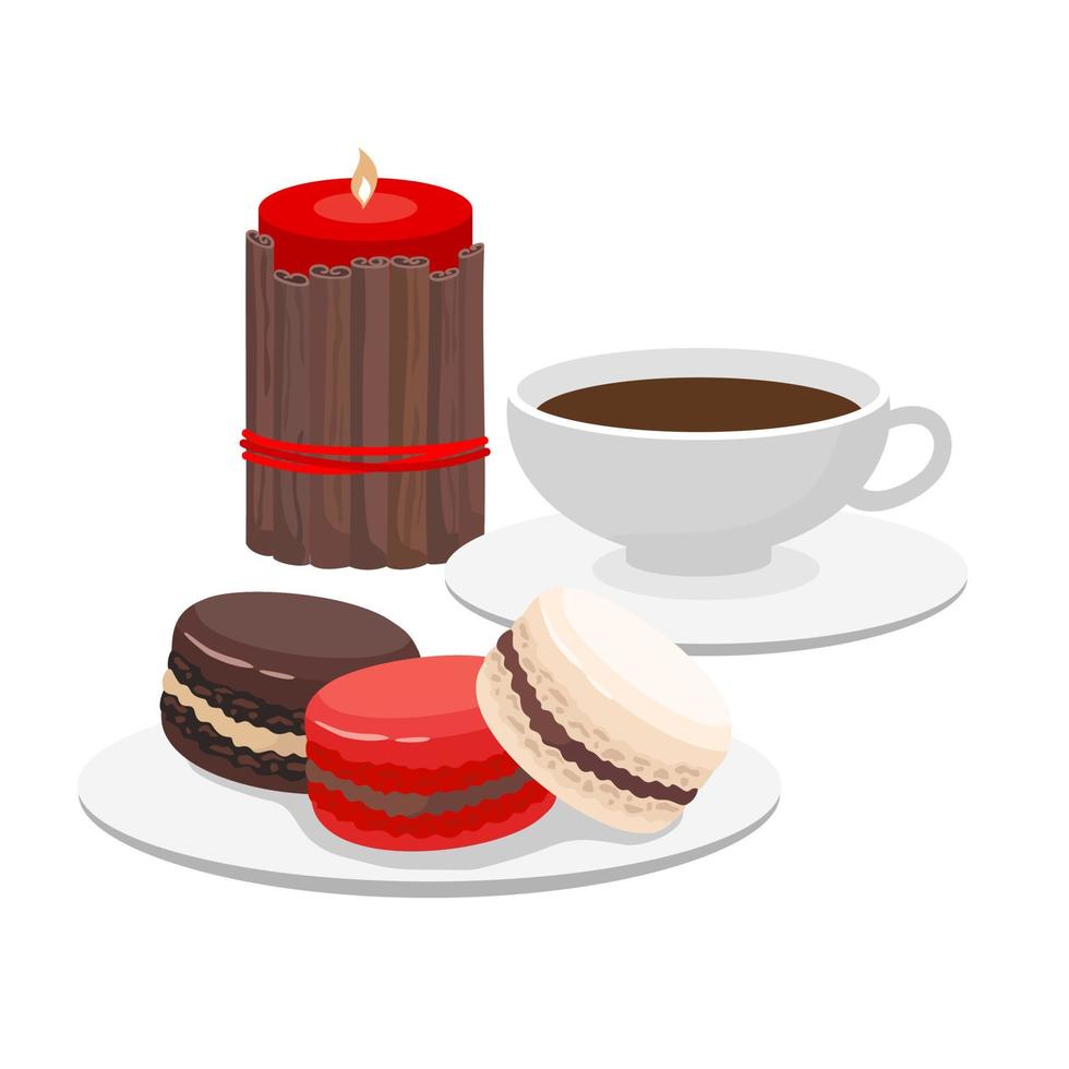 Macaroons, coffee cup, candle, cinnamon. vector