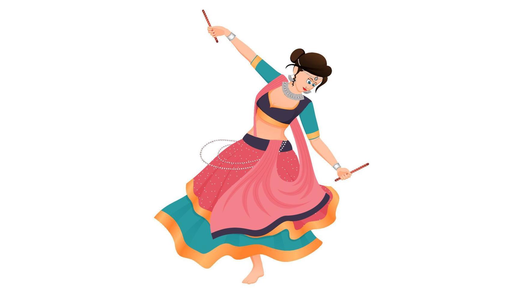 niña vestida tradicionalmente con palos de dandiya, vector de niña garba, navratri feliz.