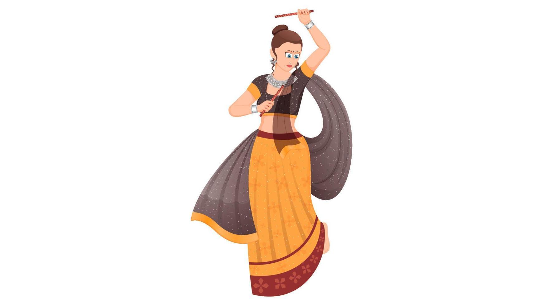 niña vestida tradicionalmente con palos de dandiya, vector de niña garba, navratri feliz.