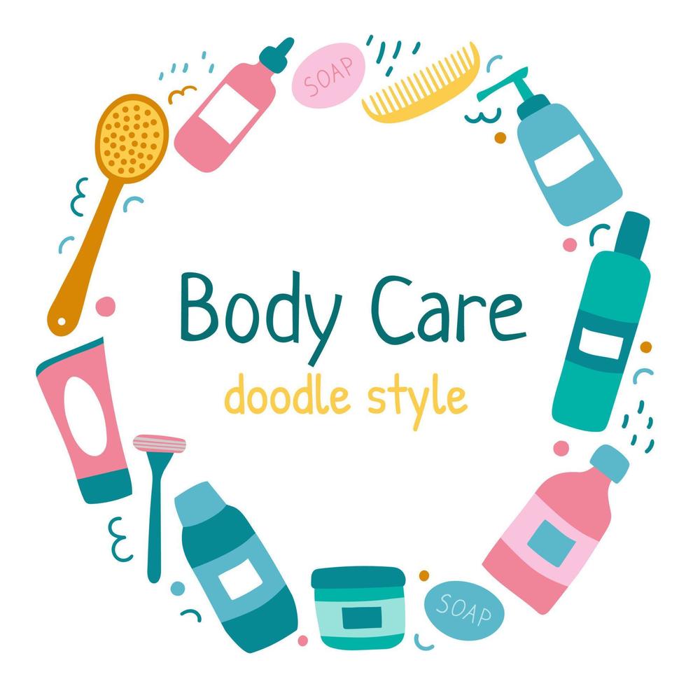 Round frame with self-care items in doodle style. vector