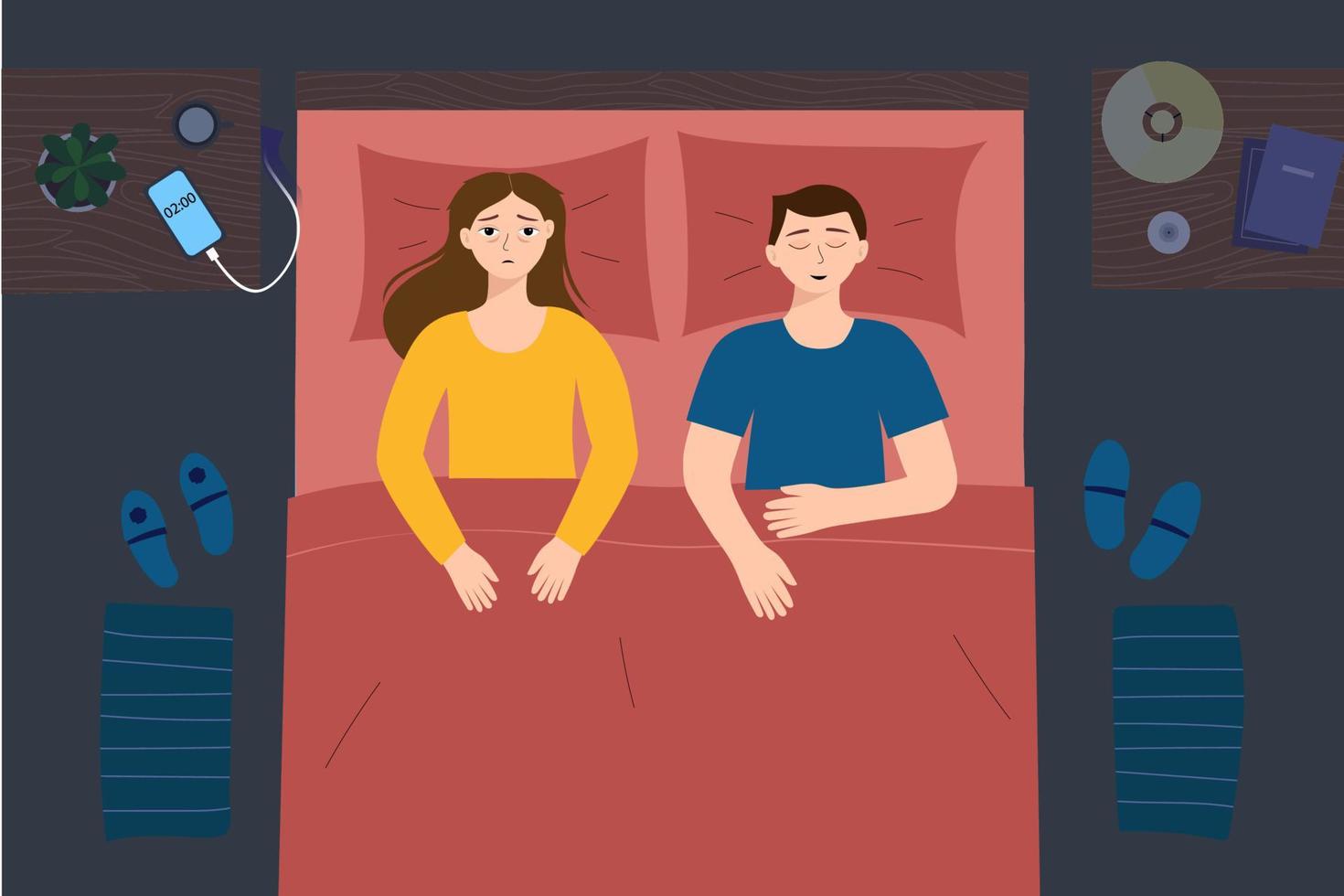 The couple is in bed, a woman can't sleep. Vector illustration with problems with insomnia concept