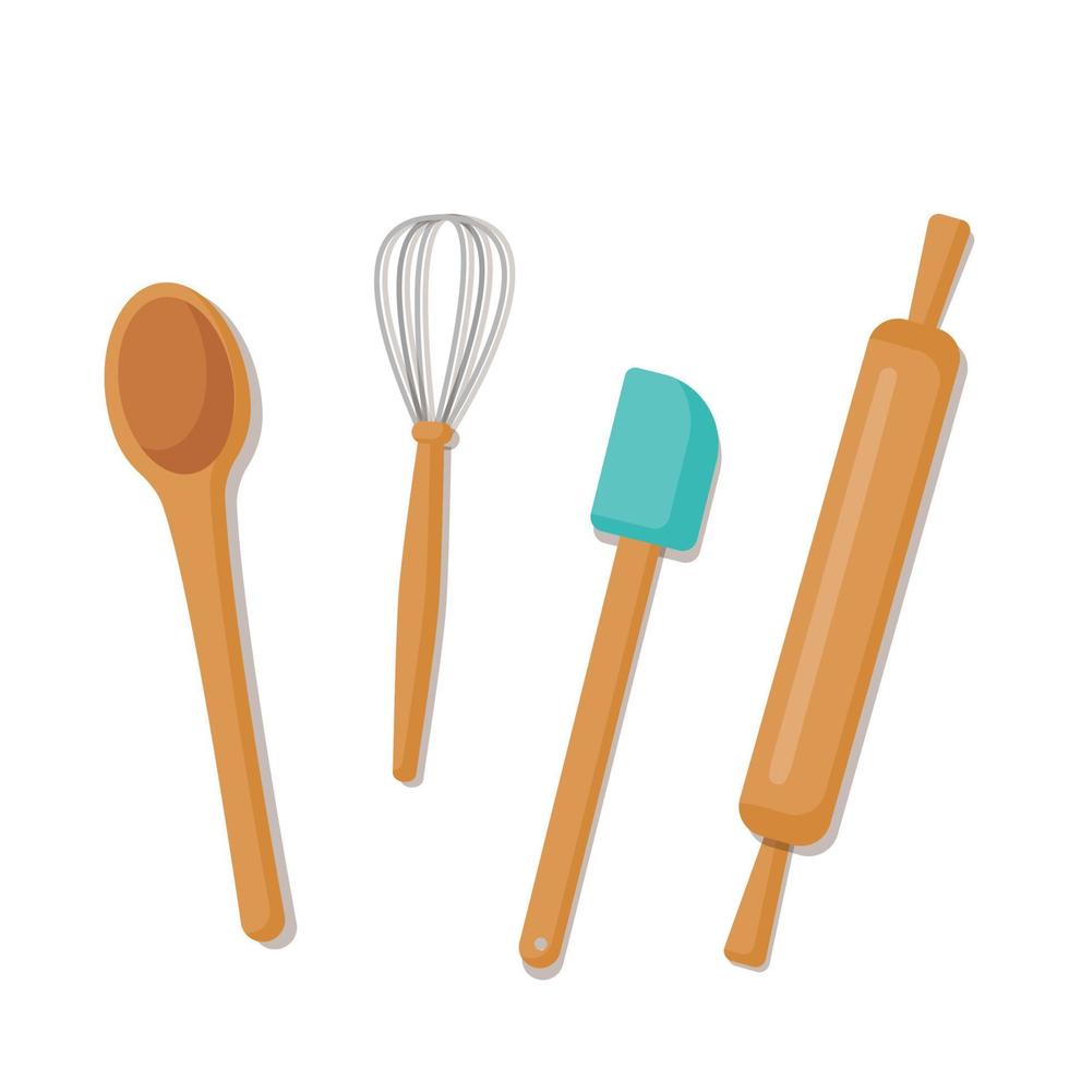 Whisk, spatula, rolling pin and spoon. Vector illustration of kitchen utensils for baking. Baking utensils on a white background with a shadow