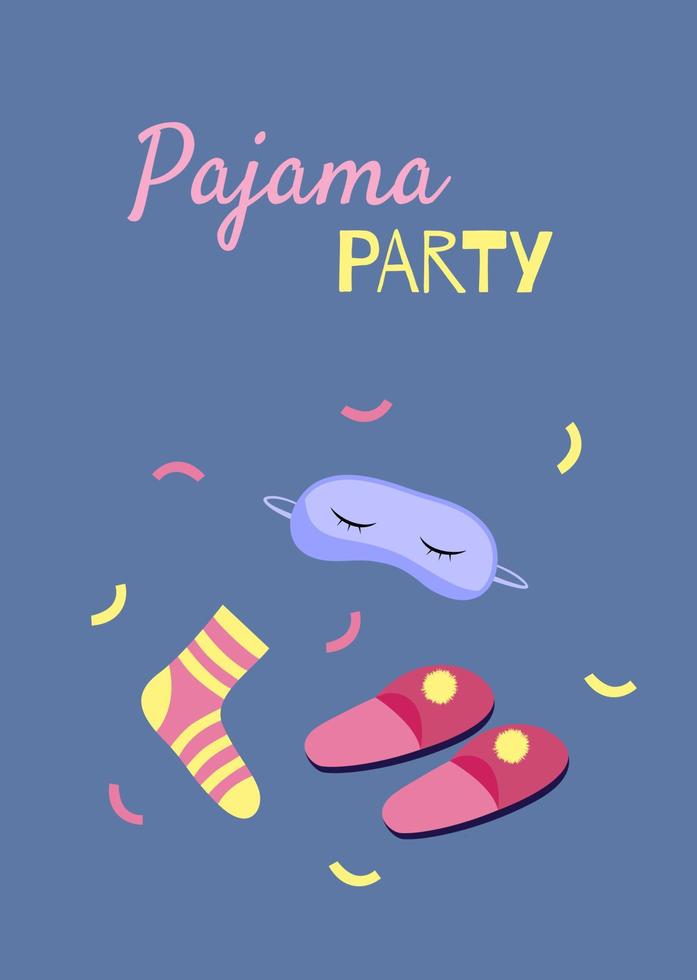 ilustración vectorial para fiesta de pijamas. plantilla brillante para afiche, invitación o tarjeta en un fondo azul con zapatillas de calcetines y antifaz para dormir vector