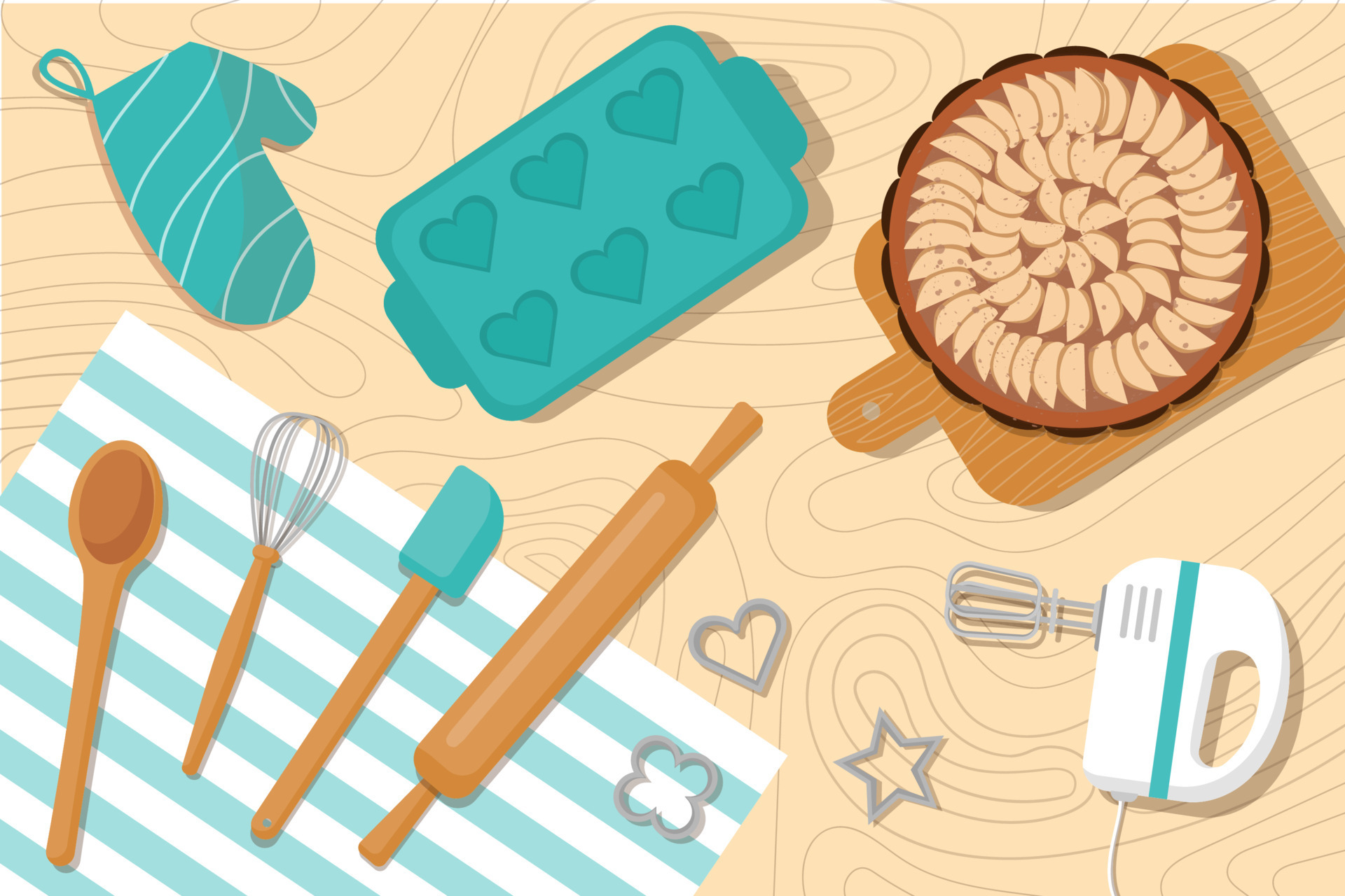 Baking utensils and apple pie on the table. 10952905 Vector Art at Vecteezy