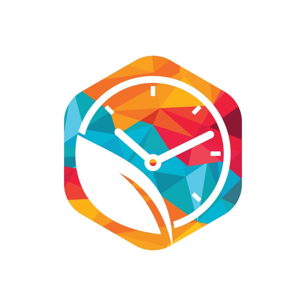 Nature time vector logo design. Vector clock and leaf logo combination.