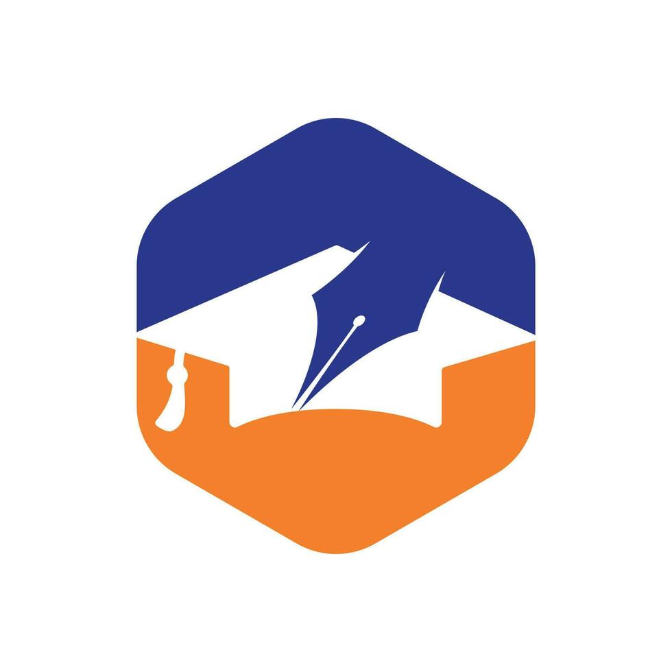 sombrero de graduación con diseño de vector de logotipo de pluma.