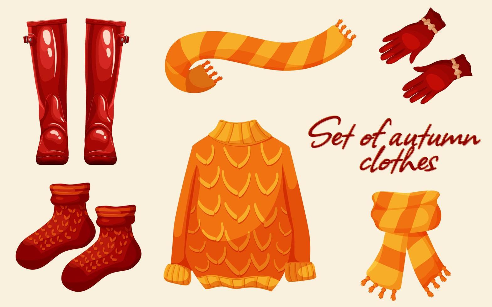 conjunto de ropa de otoño en estilo de dibujos animados. suéter, calcetines, guantes, bufanda, botas vector