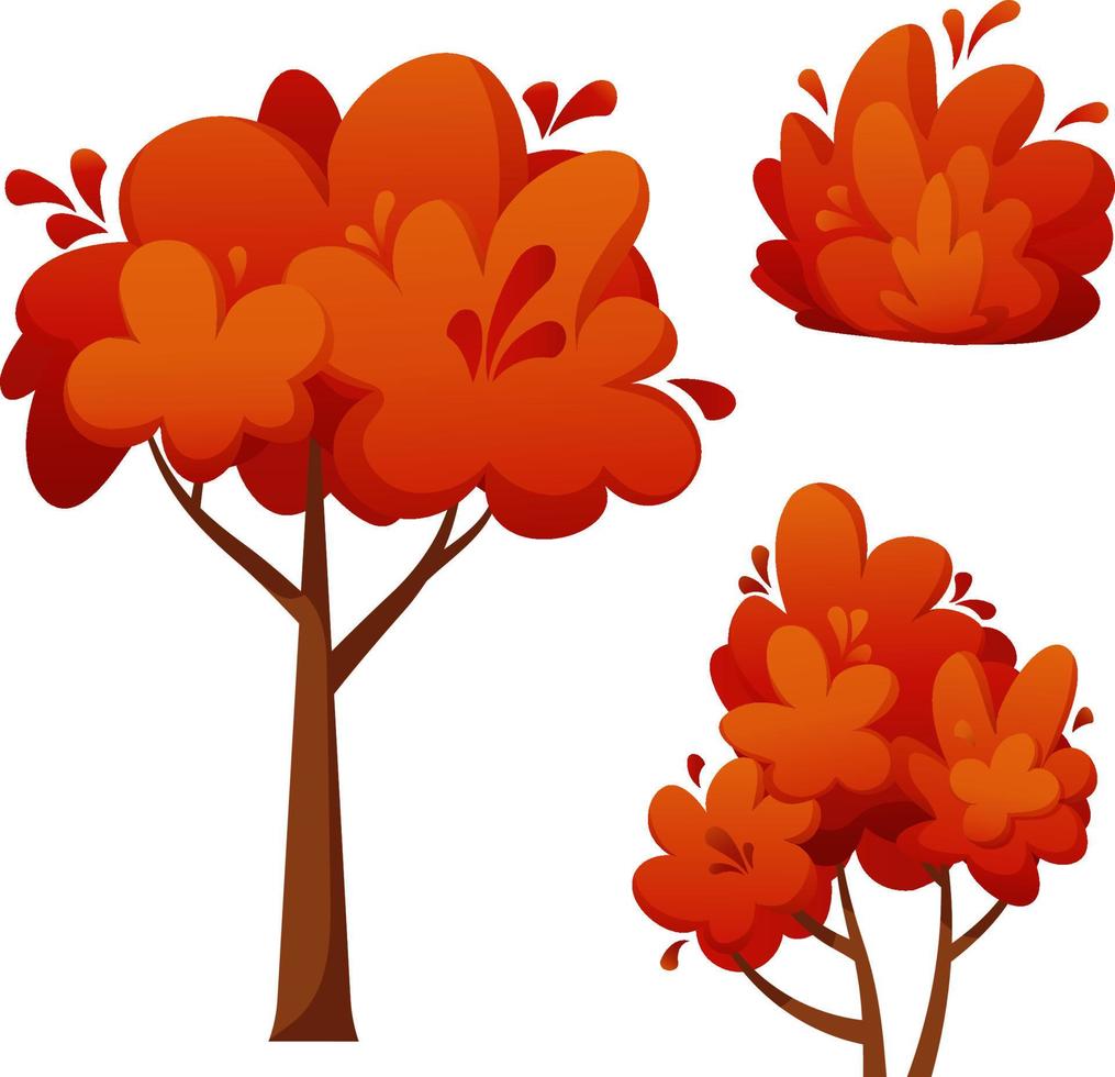 Autumn tree and bushes in cartoon style, bright orange tree and bushes vector