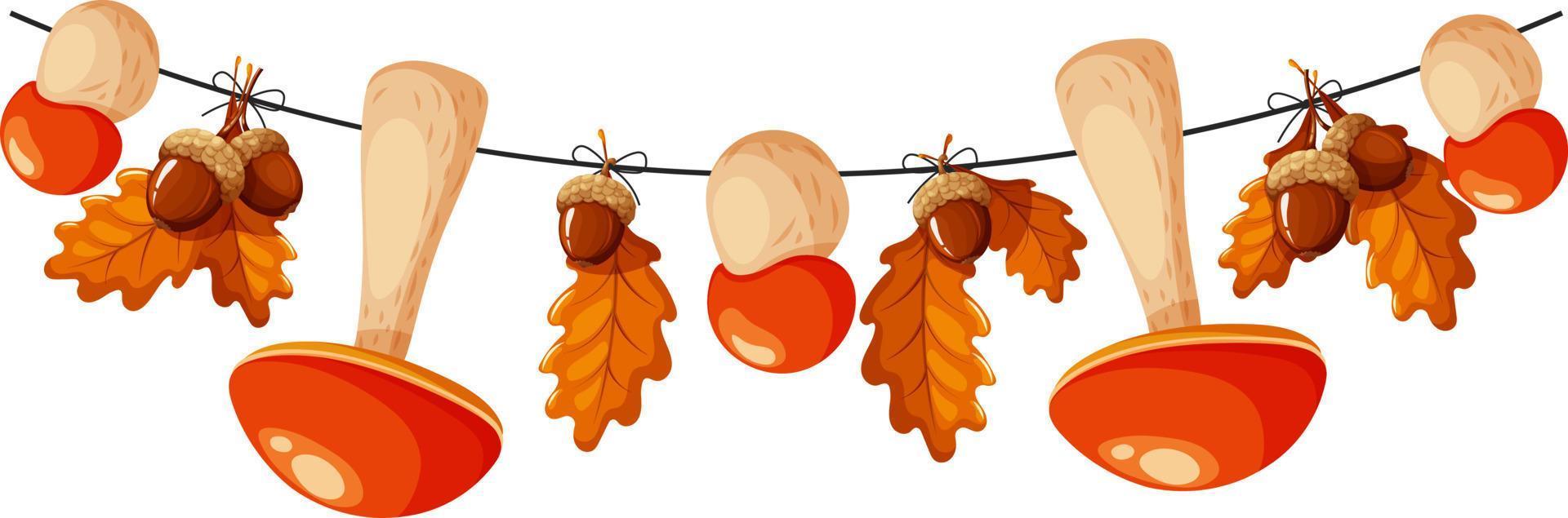 setas de álamo en una cuerda, guirnalda con setas y bellotas, guirnalda de otoño vector