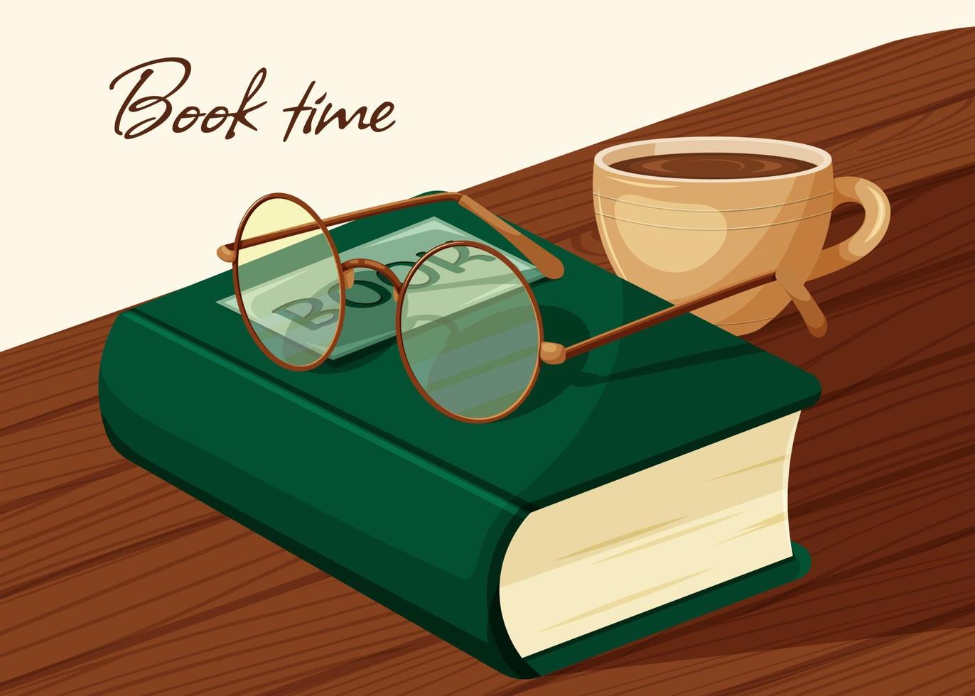 Book time, book day. Book, glasses and cup of coffee or tea on the table vector