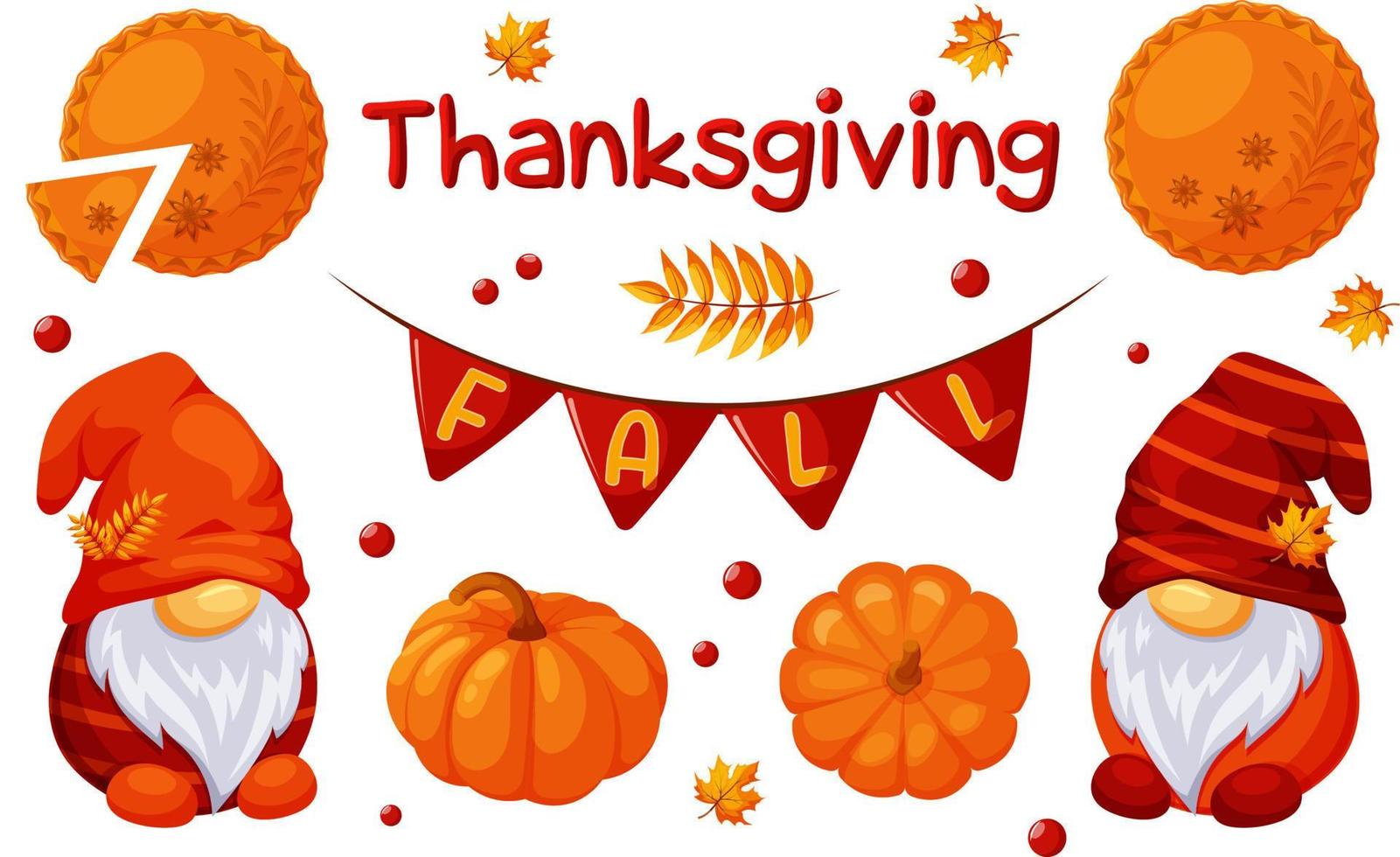 Thanksgiving set, gnomes, pumpkin, pumpkin pie, harvest, bright pictures for the harvest festival vector