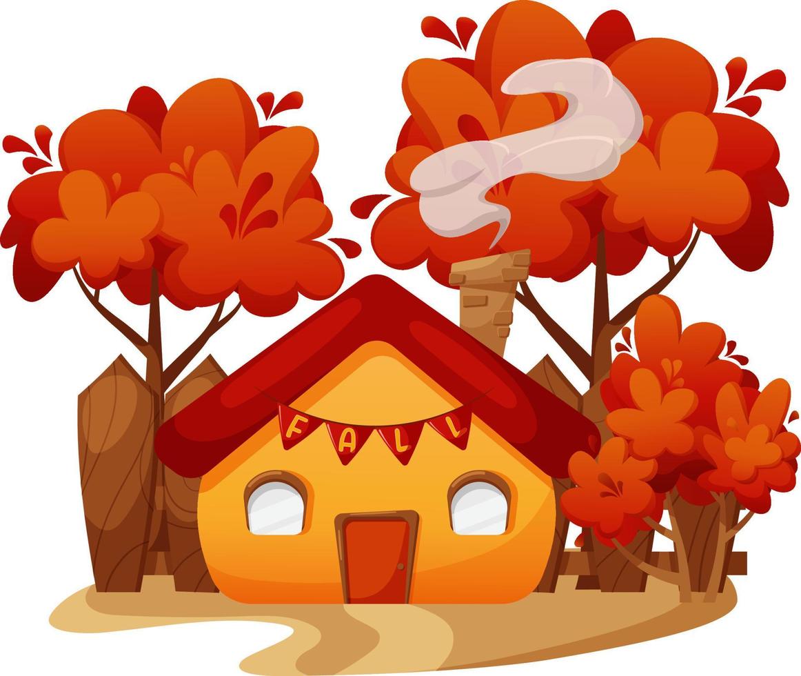 Autumn cozy house with a fence, a small house on the background of autumn trees vector