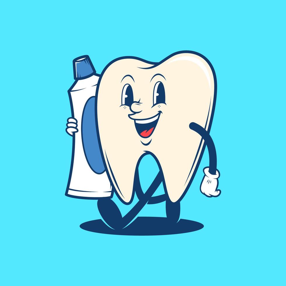 Retro vintage dental teeth holding toothpaste cartoon mascot logo illustration vector