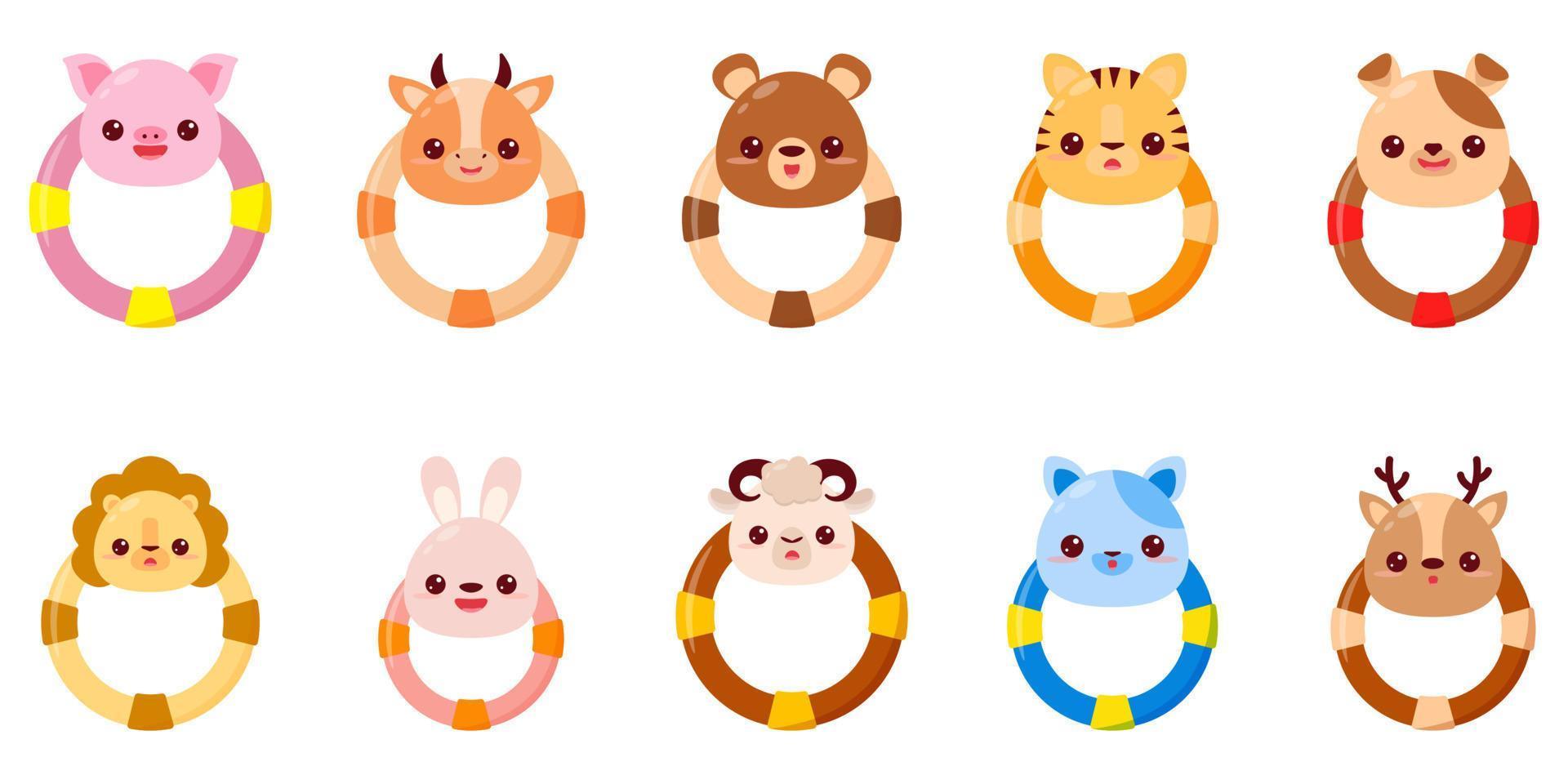 A baby rattle with a ring. A rattle with a cartoon animals for kids. A gift for newborns. set vector