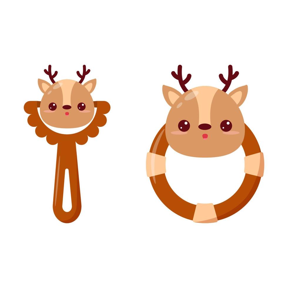 A baby rattle with a handle and a ring. A rattle with a cartoon deer for kids. A gift for newborns. vector