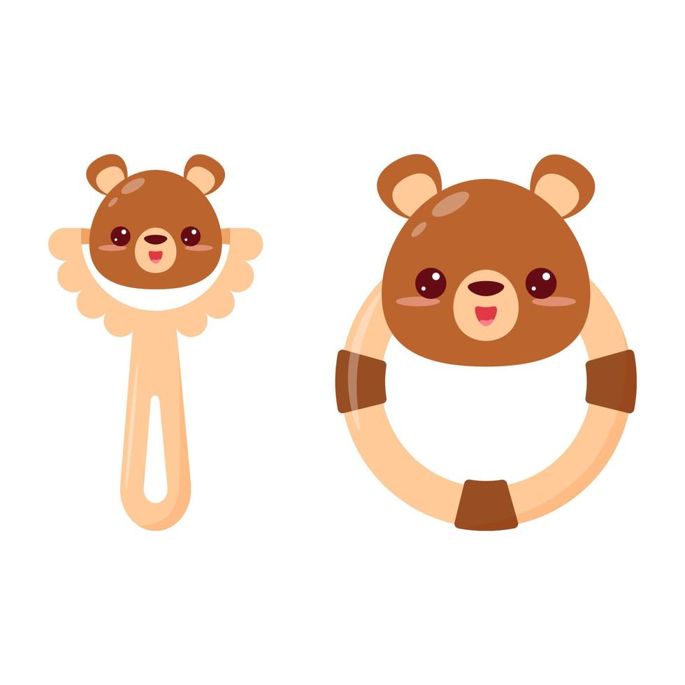 A baby rattle with a handle and a ring. A rattle with a cartoon bear for kids. A gift for newborns. vector