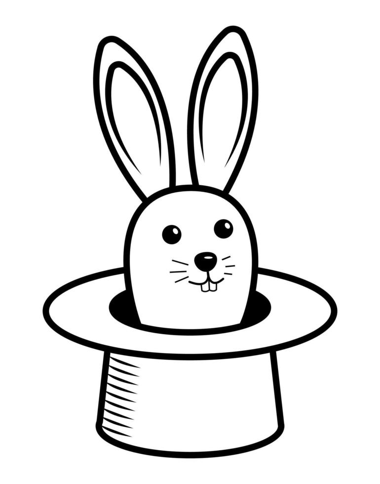 Bunny in a hat, magic trick outline illustration. Cute bunny from hat black thin line art. vector