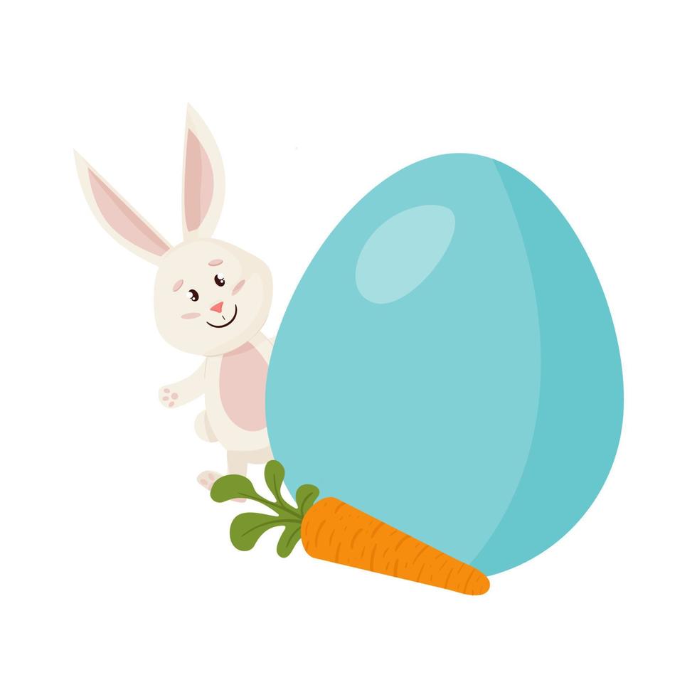 Bunny Character. Peeks out from Egg, Carrot. Funny, Happy Easter Rabbit. vector