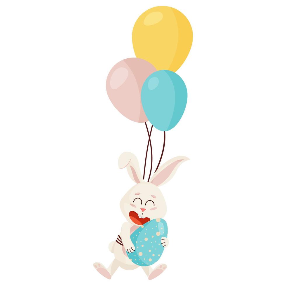 Bunny Character. Flying and Laughing on Three Balloons Funny, Happy Easter Cartoon Rabbit with Egg vector