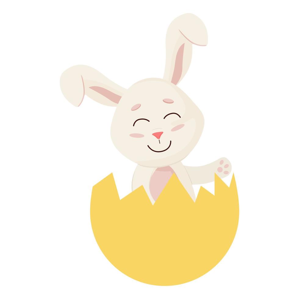 Bunny. Cute Rabbit Waves into Broken Egg. vector