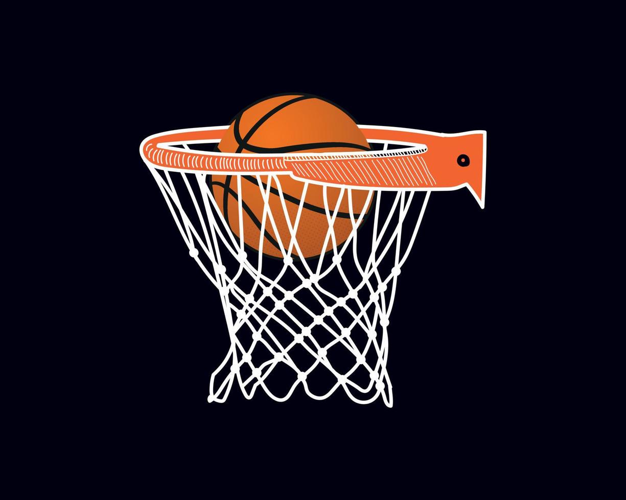 aro de baloncesto, red de baloncesto, canasta de baloncesto con ilustración de baloncesto sobre fondo negro vector