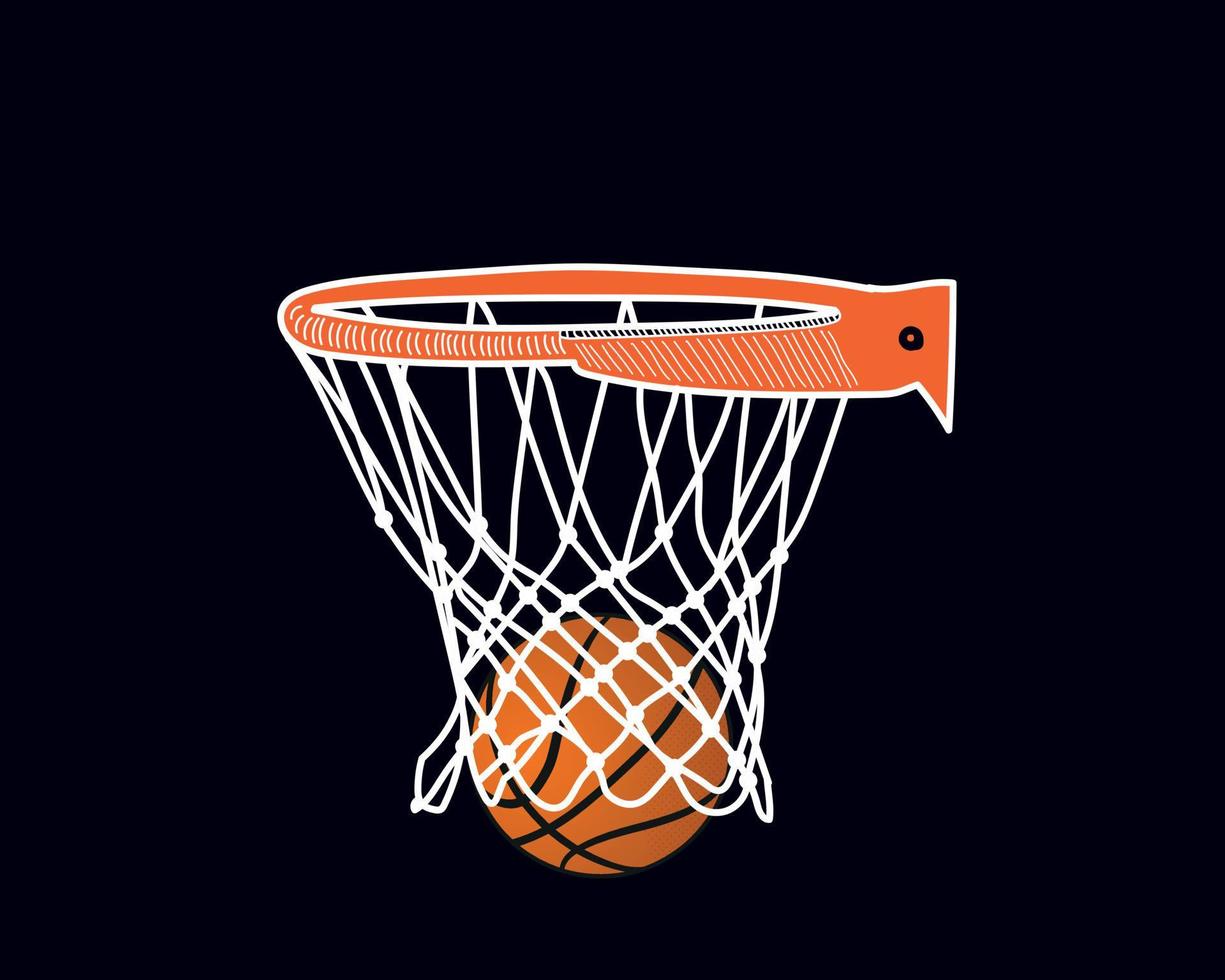 aro de baloncesto, red de baloncesto, canasta de baloncesto con ilustración de baloncesto sobre fondo negro vector