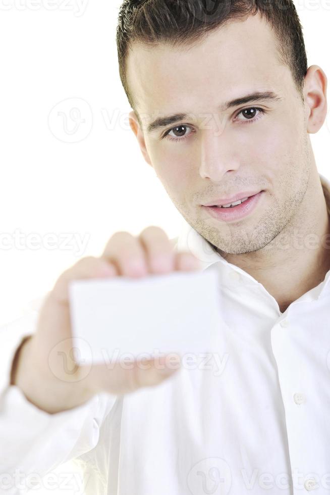 young business man with empty card isolated on white photo