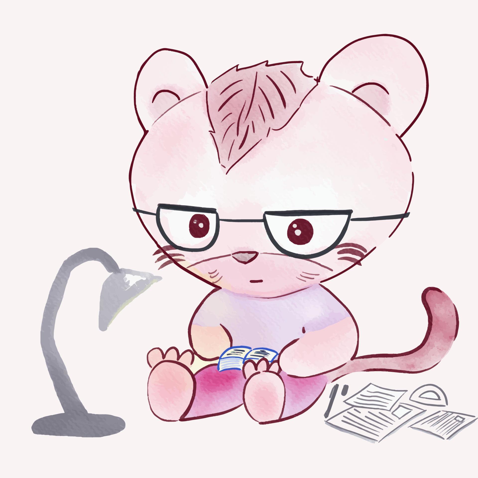 Cute kitten is reading a book. Birthday greeting cards, children’s