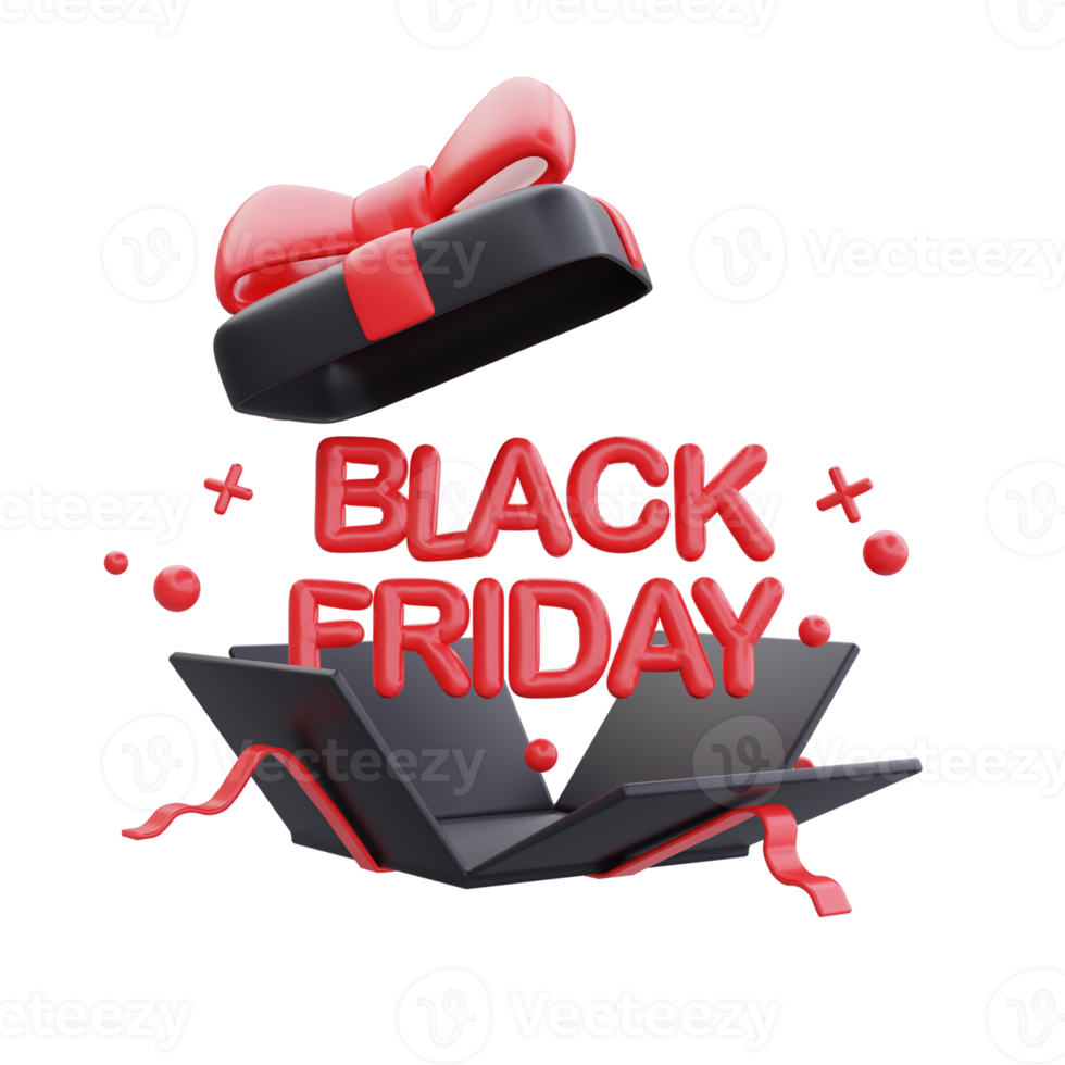 Black Friday Super Sale with opened gift boxes, Christmas and Happy New Year promotion, 3d rendering. png