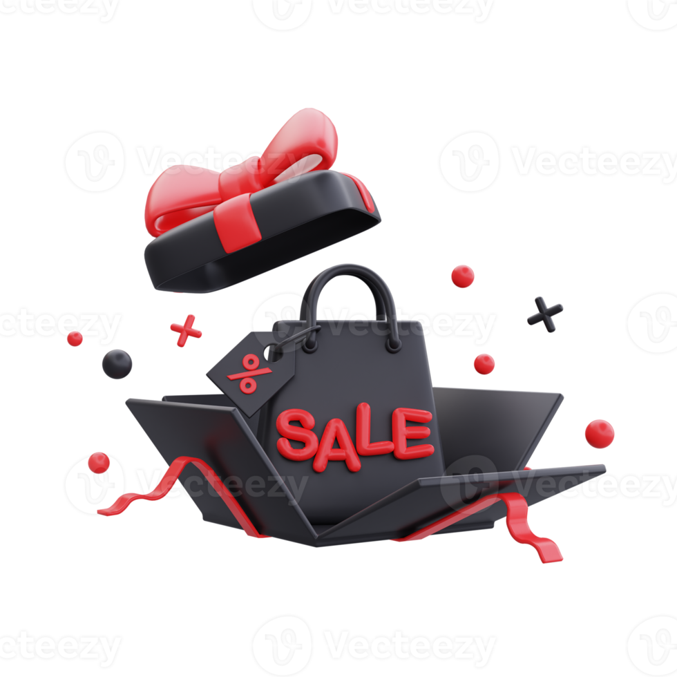 Black Friday Super Sale with opened gift boxes and shopping bag, Christmas and Happy New Year promotion, 3d rendering. png