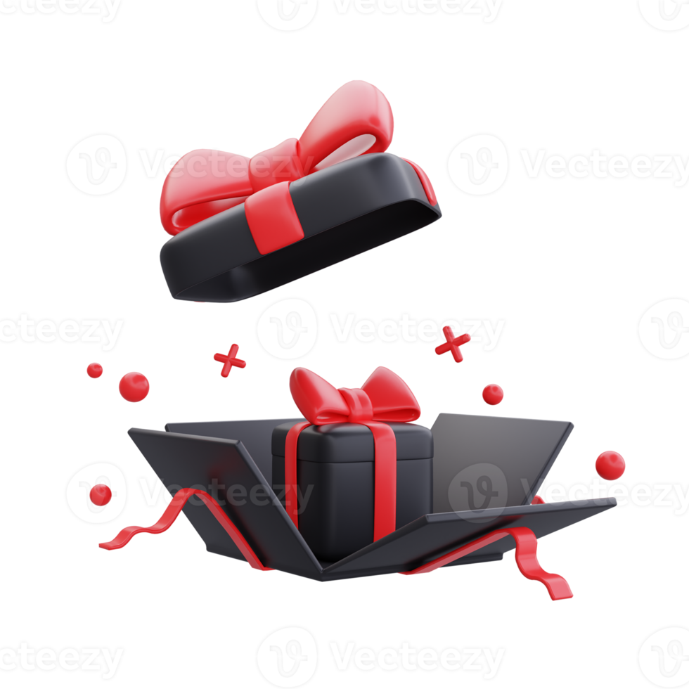 Black Friday Super Sale with opened gift boxes, Christmas and Happy New Year promotion, 3d rendering. png