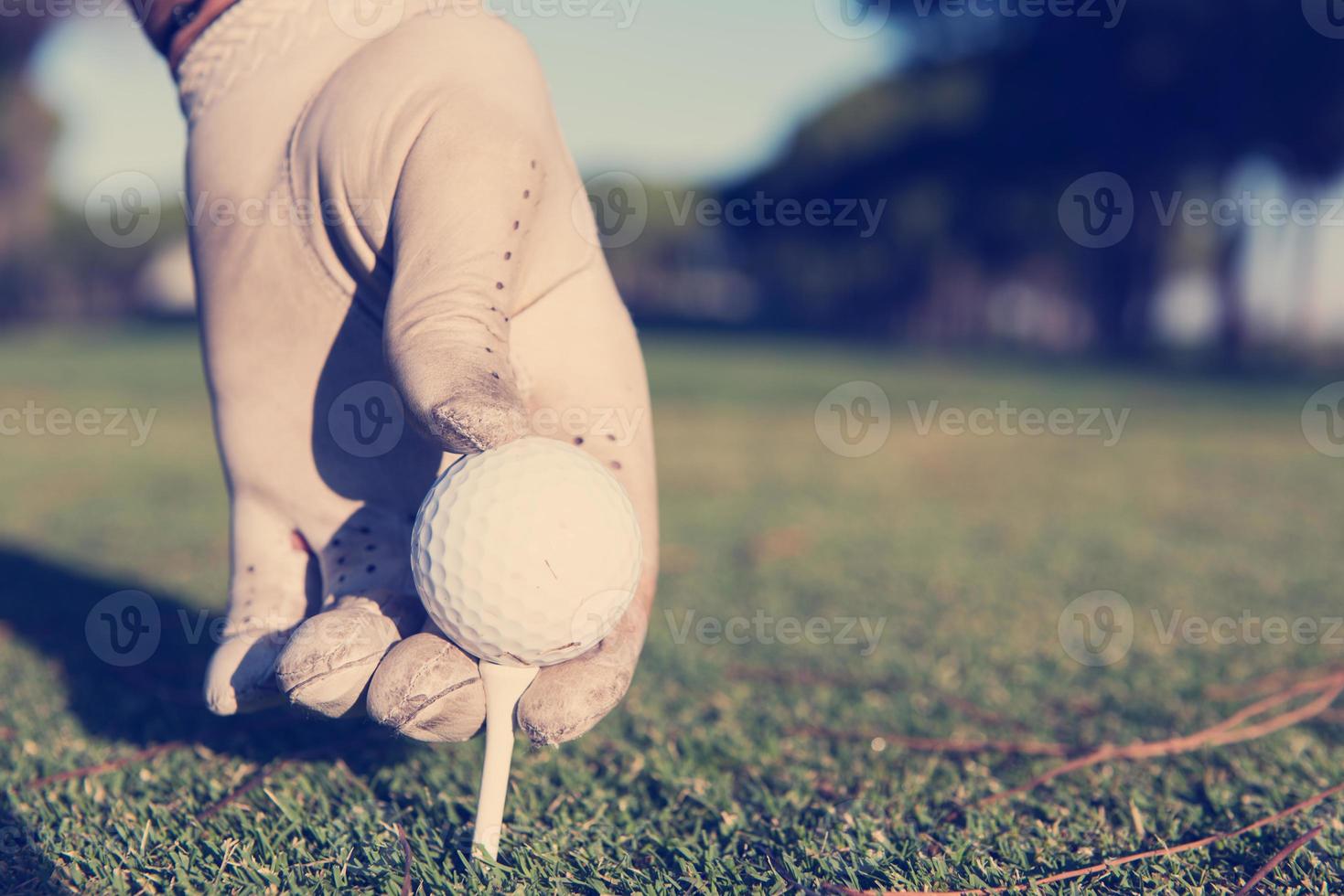 primer plano de la mano de los jugadores de golf colocando la bola en el tee foto