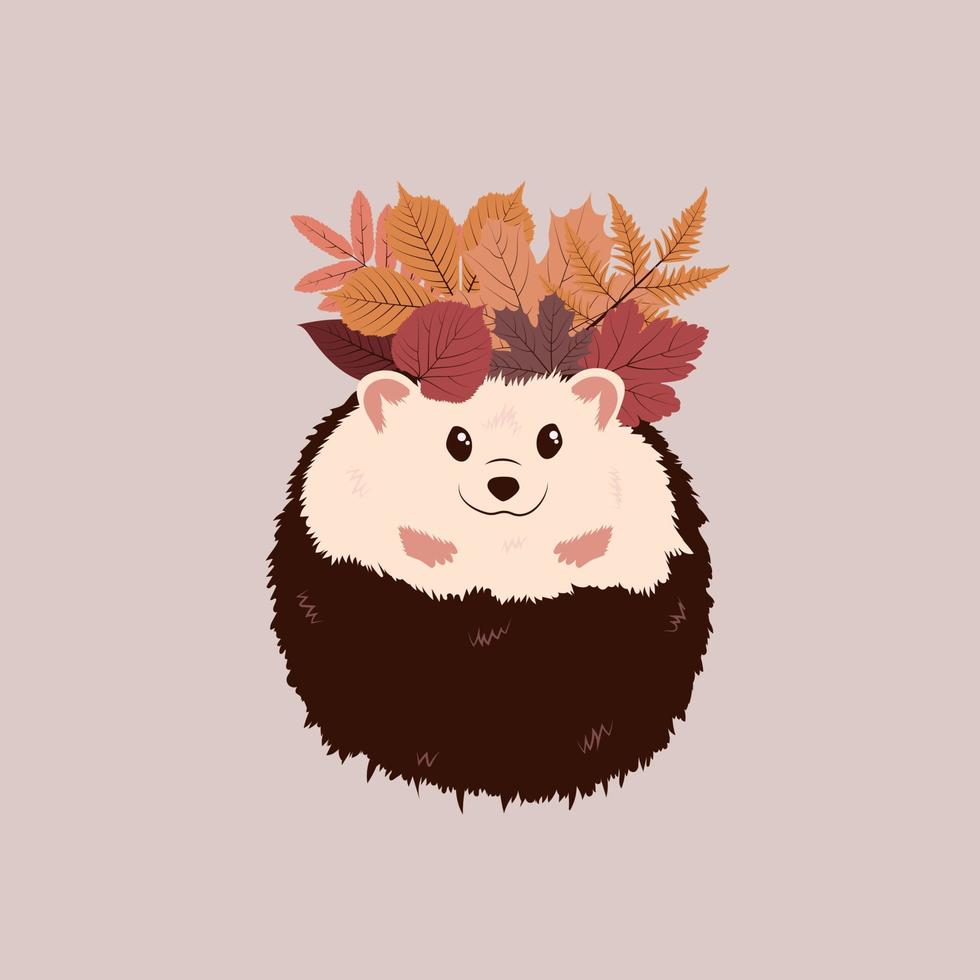 Vector hedgehog with autumn leaves. Autumn postcard with a cute hedgehog.