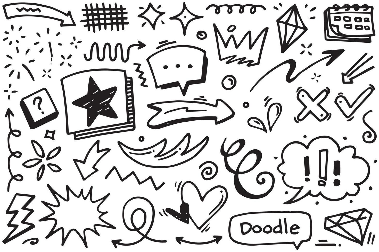 Hand drawn set elements, Abstract arrows, ribbons, hearts, stars, crowns and other elements in a hand drawn style for concept designs. Scribble illustration. Vector illustration.