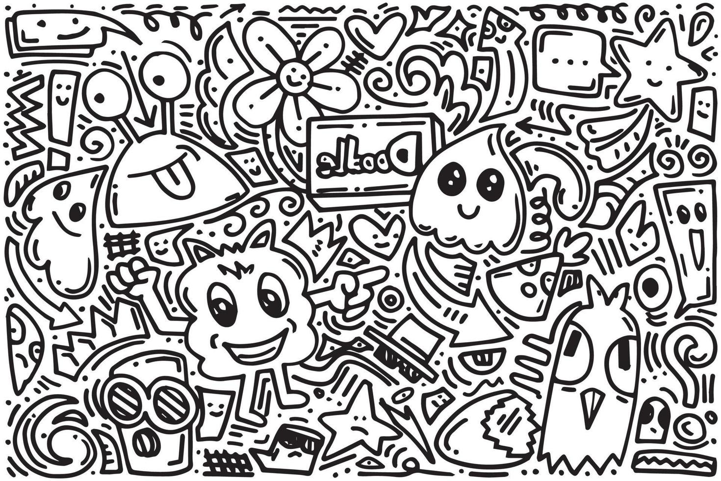 Hand drawn set elements, Abstract arrows, ribbons, hearts, stars, crowns, monsters and other elements in hand drawn style for concept design. Scribble illustration. Vector illustration.